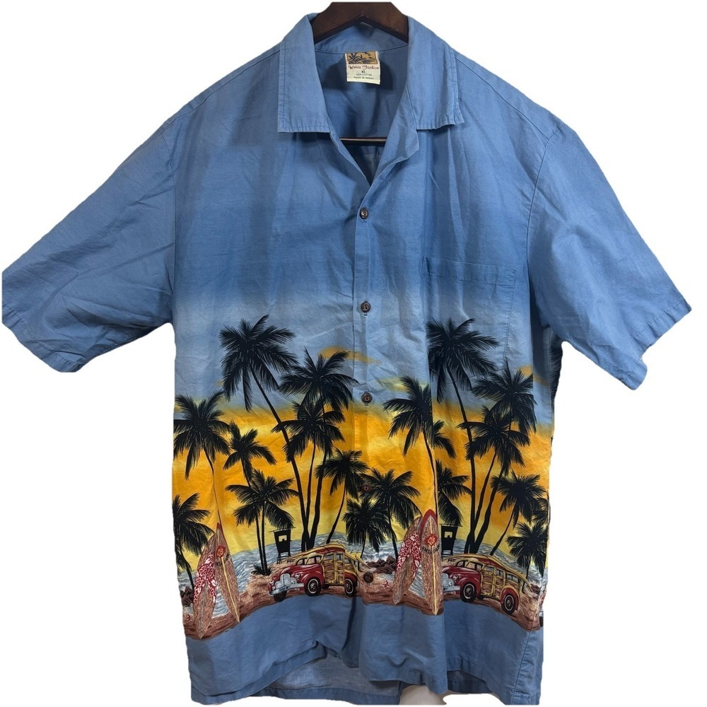 Winnie Fashion Men's Size XL Hawaiian Shirt Blue Surfboards Palms Made In Hawaii